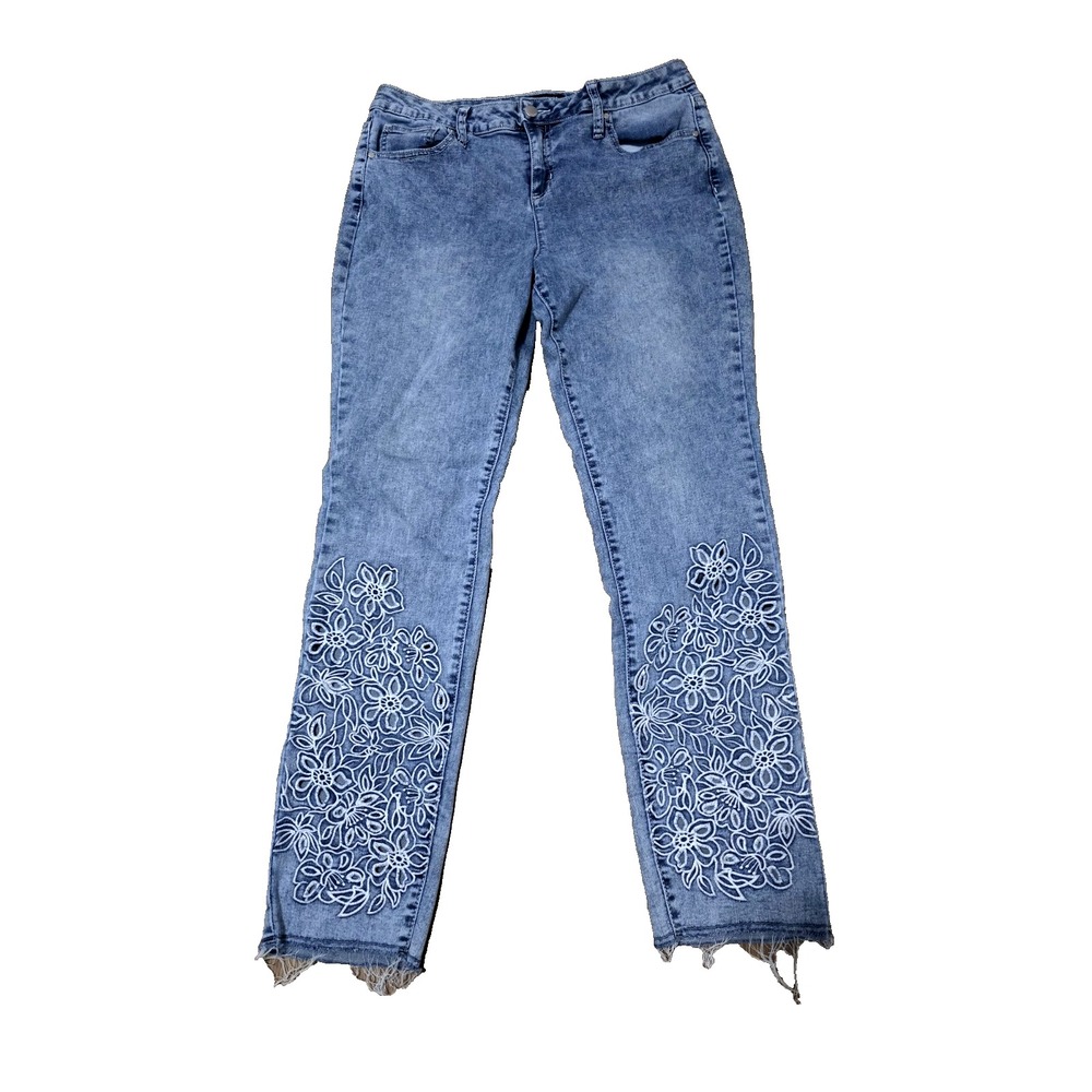 Versona Modern Floral Embroidered On Leg Womens Jeans Light Wash Blue Size 31